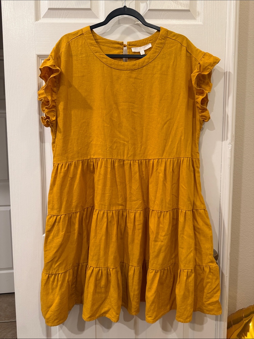 Adyson Parker Mustard Yellow Linen-Blend Tiered Babydoll Mini Dress - Size Large